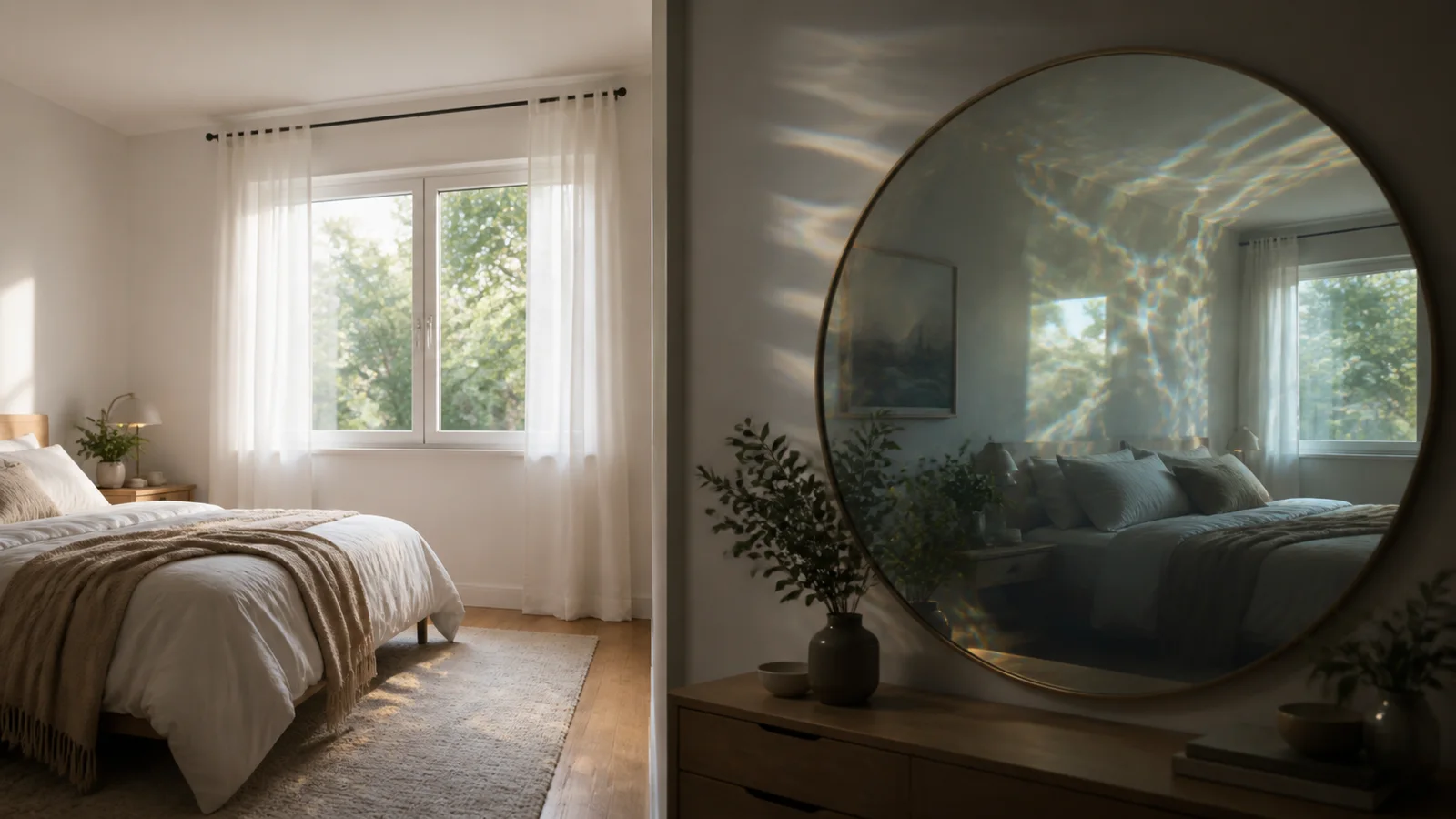 A calm, grounded editorial photograph illustrating floating sensations before sleep and astral projection.