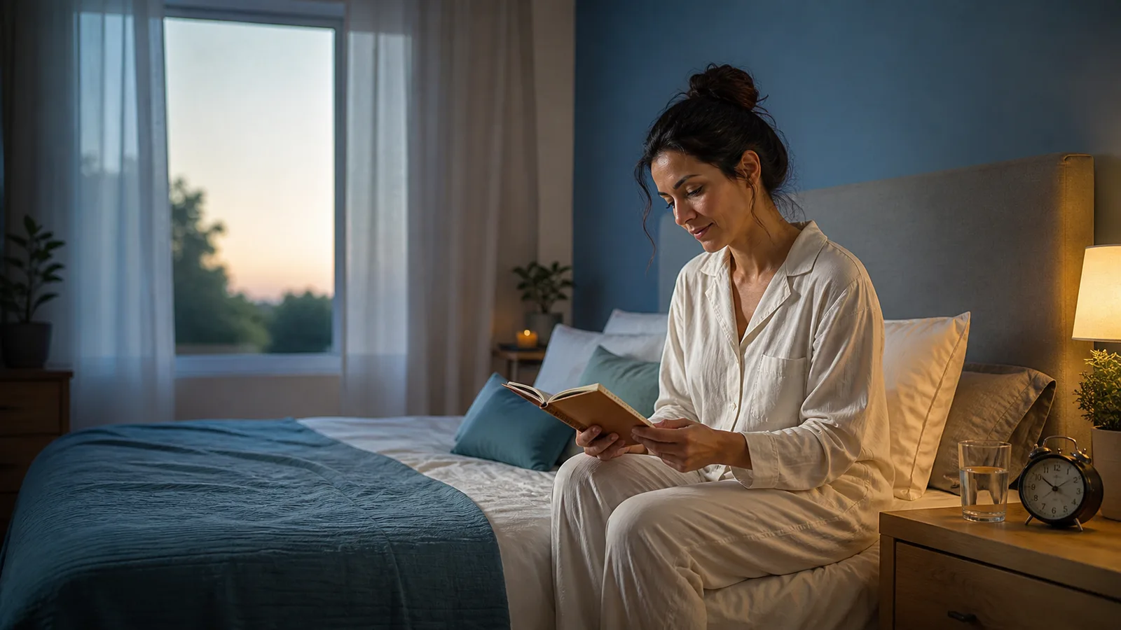 A person sitting on the edge of a neatly made bed at dawn, reading a practice notebook beside an alarm clock and glass of water.