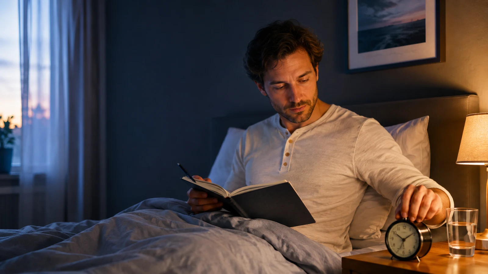A man sitting upright in bed at dawn, writing in a sleep journal while adjusting an alarm clock on the bedside table.